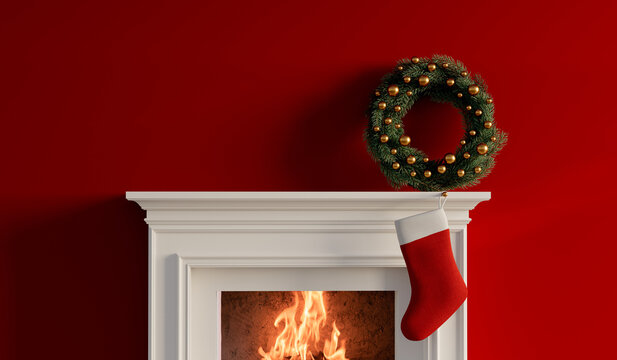 Red christmas stocking hanging on a fireplace. Festive cosy holiday background. 3D Rendering
