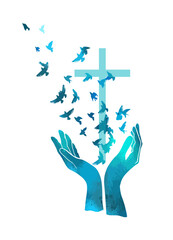 blue religious cross in hand. Flying birds of the world. Vector illustration