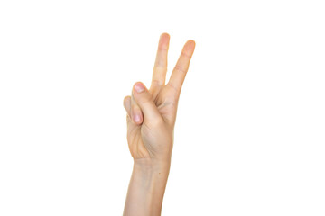 hand isolated on transparent background, a hand showing two, a sign of victory with fingers, copy space