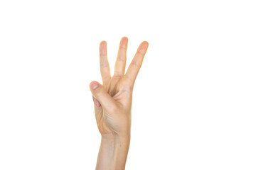 hand isolated on transparent background, a hand showing three fingers, copy space