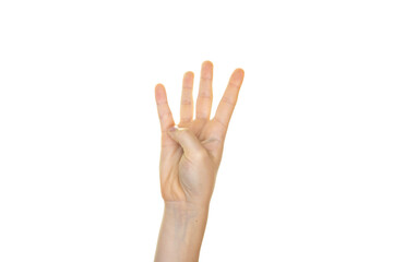 a counting hand isolated on transparent background, white background, a hand showing four with fingers, copy space