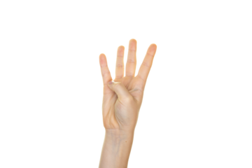 a counting hand isolated on transparent background, white background, a hand showing four with fingers, copy space