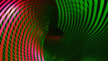 Moving wavy ribbons in 3d. Design. Beautiful ribbons move in waves in space on black background. Colorful ribbons move and shine with wavy curves in hypnotic tunnel
