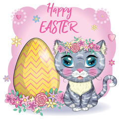 Cute cartoon Cat near a beautiful Easter basket full of eggs. Happy Easter card