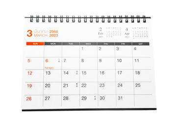 2023 month of March calendar isolated on white background.