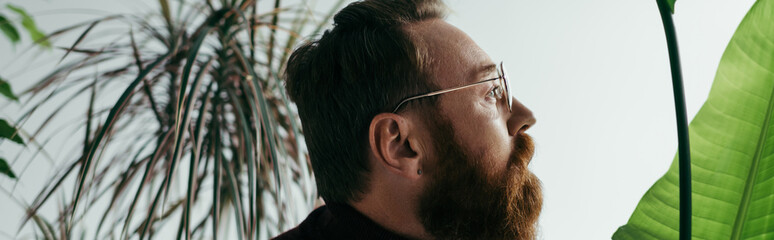 Obraz premium side view of bearded man in eyeglasses looking away near green tropical plants on grey, banner.