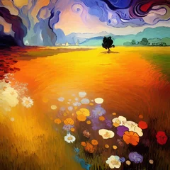 Fototapeten Graphic painting digital art rural colorful landscape at evening, field and hills, bright colors. Art print © Katsiaryna