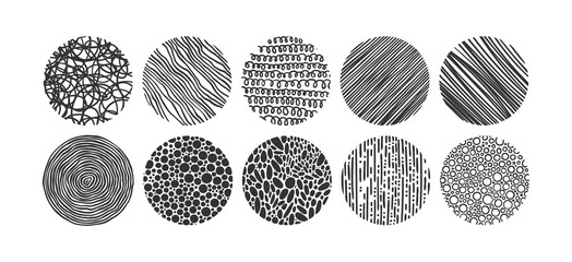 Set of Doodle Hand Drawn Round Backgrounds. Logo templates. Sketched style. Decorative round blots for your design