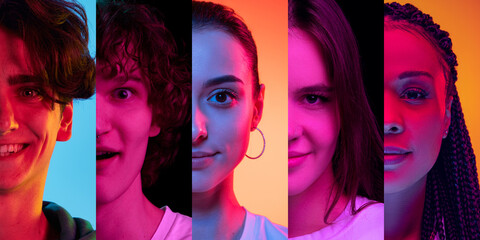 Cropped portraits of young people, men and women expressing different emotions over multicolored...