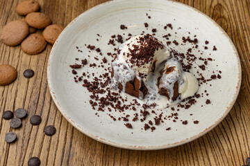 Tasting of chocolate fondant in restaurant.