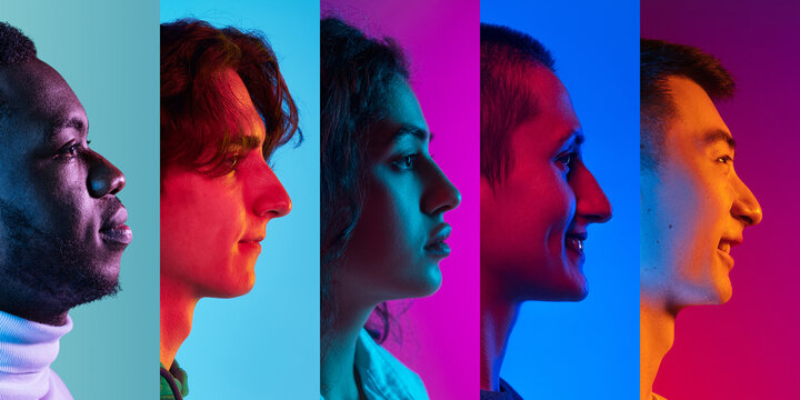 Freedom, Rights. Profile View Of Young People, Men And Women Expressing Different Emotions Over Neon Background. Collage Made Of 5 Models Looking Straight Ahead