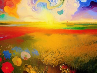 Graphic painting digital art rural colorful landscape at evening, field and hills, bright colors. Art print