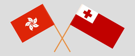 Crossed flags of Hong Kong and Tonga. Official colors. Correct proportion