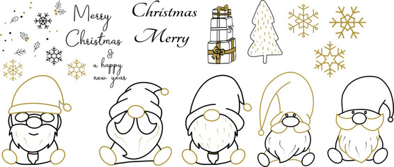 set of new year elements, gnomes, snowflakes, gifts, christmas tree, doodle style, minimalistic drawing