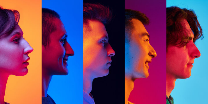 Profile view of young people, men and women expressing different emotions over multicolored background in neon light. Collage made of 5 models looking straight ahead
