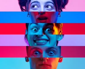 Wow, surprise and shock. Vertical composite image of male and female parts of faces isolated on colored neon background. Emotions, psychology, mental health. Three faces and six models - obrazy, fototapety, plakaty