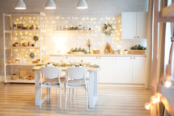 Stylish kitchen decorated for New Year holidays