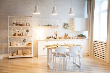 Stylish kitchen decorated for New Year holidays
