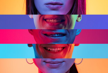 Collage of close-up male and female mouths and chins isolated on colored neon backgorund. Multicolored stripes. Emotions, facial expressions, dental health - obrazy, fototapety, plakaty