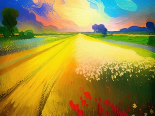 Grafisch schilderij digitale kunst landelijk kleurrijk landschap bij avond, veld en heuvels, felle kleuren. Kunstafdruk