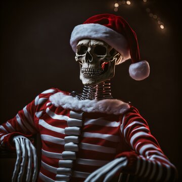 Close Up Of A Skeleton In Santa Claus Costume Sits On A Chair In A Empty Room, Christmas, Decoration, Red, Spooky, Colorful