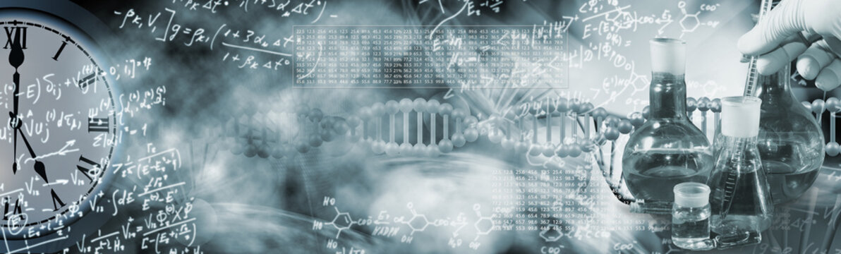 Overlay of mathematical and chemical formulas on an abstract image of dna chains, a watch  and laboratory glassware