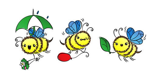 Kawaii Flying Bee with various things. Cartoon isolated on white background. Cute doodle illustration