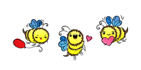 Kawaii Flying Bee with various things. Cartoon isolated on white background. Cute doodle illustration