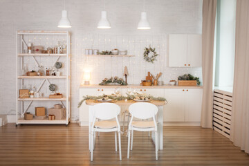 Stylish kitchen decorated for New Year holidays