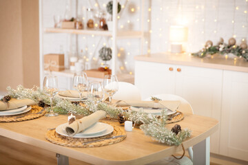 Stylish kitchen decorated for New Year holidays