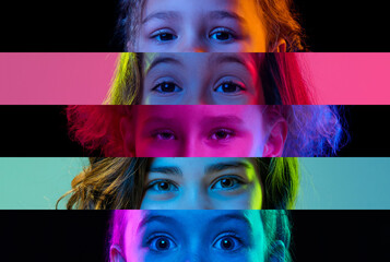 Collage of close-up kids eyes isolated on colored neon backgorund. Multicolored stripes. Concept of...