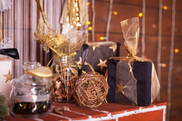Christmas living room with black and white and gold decor