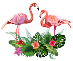 Pair of flamingos and flowers