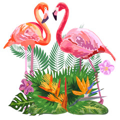 Naklejka premium Pair of flamingos and flowers