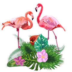 Pair of flamingos and flowers