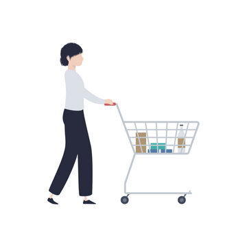 ショッピングカートを押す若い日本人女性のイラスト素材｜mayucolor04