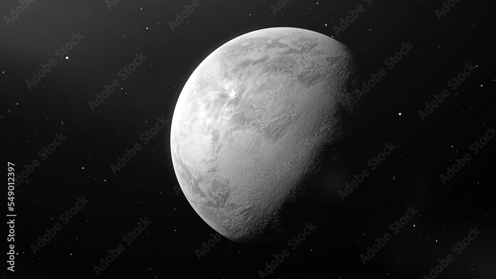 Poster Rotating Moon in different phases with detailed surface. Motion. Outer space dark background with half eclipse of the Moon.