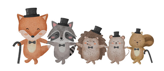 Cute animals in top hat dancing watercolor illustration