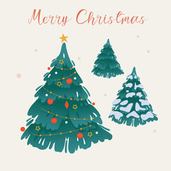 Christmas trees set and Decoration Set. Vector illustration.