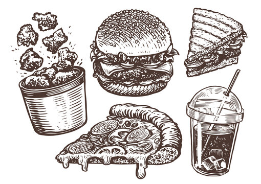 Street food, takeaway. Burger, fried chicken meat, cola, slice of pizza, sandwich sketch. Fast food vector illustration