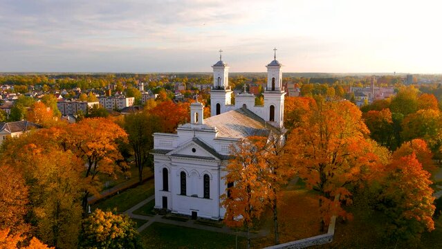 Beautiful aerial view of St. John the Baptist's Church in Birzai, Lithuania.