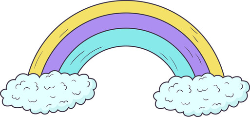 Simple doodle bright rainbow of three colors with clouds