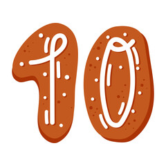 Number ten made of glazed gingerbread festive font symbol of happy new year and christmas. Vector hand drawn cartoon illustration