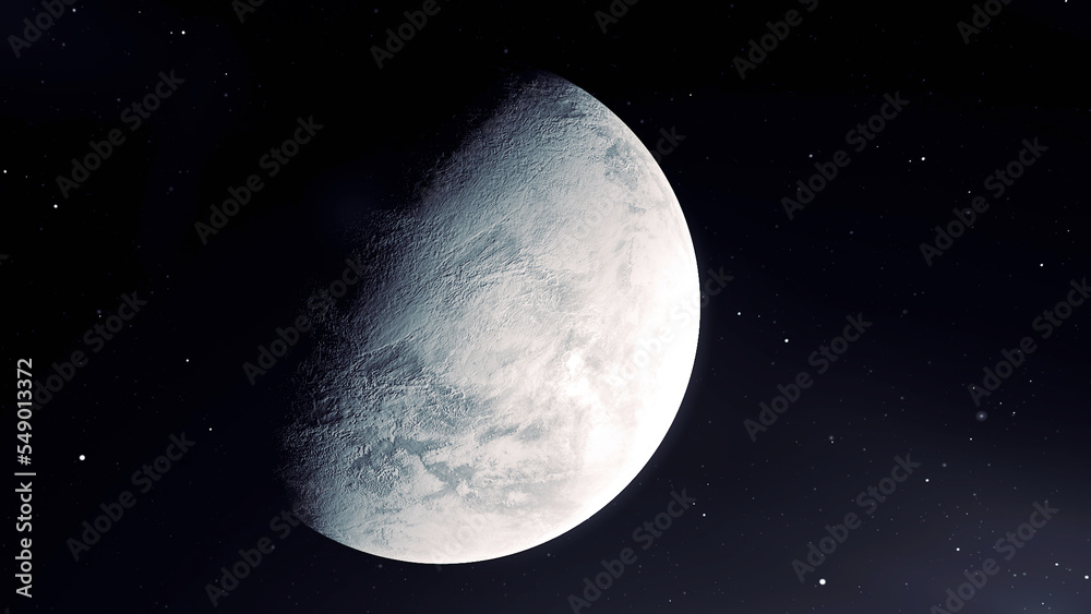 Poster Rotating Moon in different phases with detailed surface. Motion. Outer space dark background with half eclipse of the Moon.