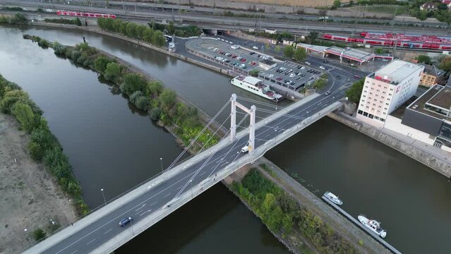 Bridge of Peace suspension bridge Wuzburg Germany sunset drone aerial view