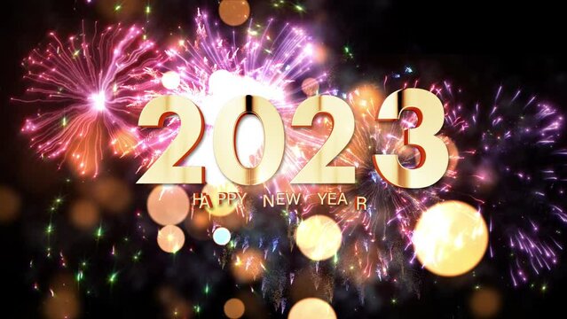 Happy New Year year 2023  gold greeting text celebration with firework and bokeh cinematic title. Abstract holiday vintage colorful Fireworks on black night sky.