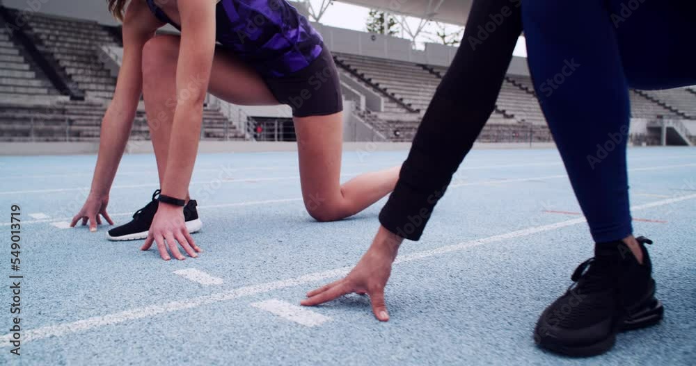 Sticker Race track, ready and sports women group or runner feet and legs at stadium for competition, event or training focus, goal and mission. Friends or athlete people in line for workout running challenge