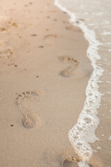 Fototapeta na wymiar Fußspuren im Sand. Abdruck am Ufer. Footprints in the sand. Footprint on the shore.