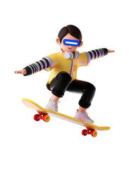 3D Boy wearing VR glasses and playing skateboard