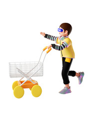 3D Boy wearing VR glasses pushing a shopping cart
